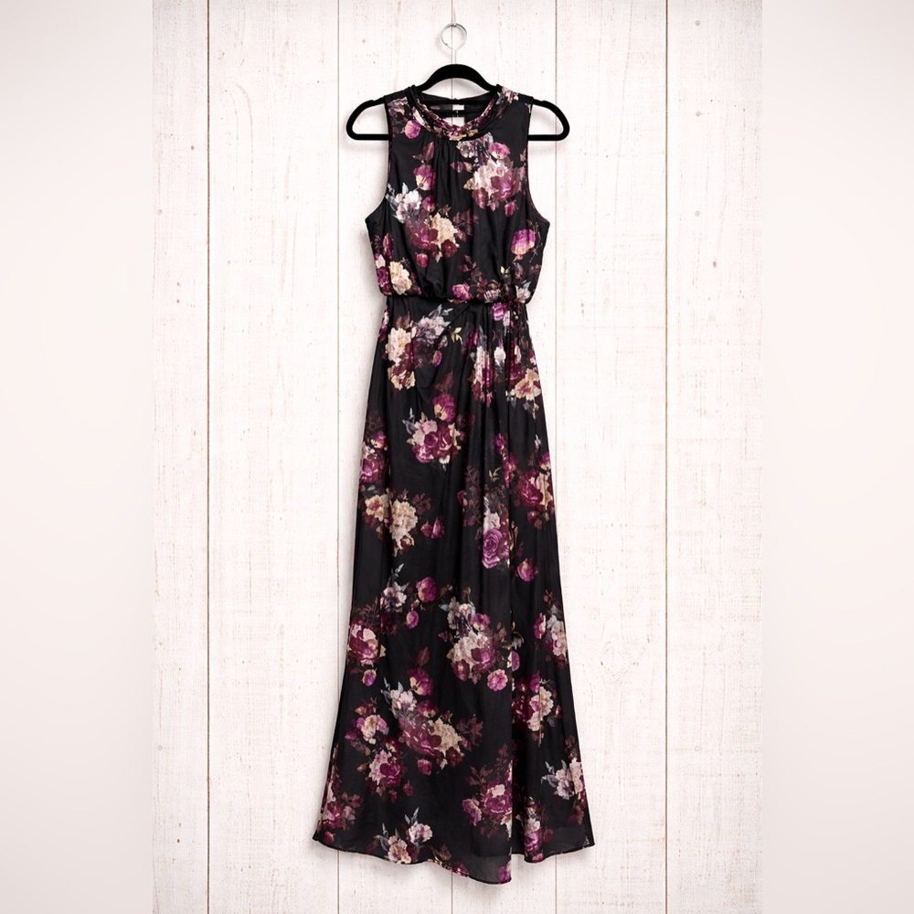Adrienne Vittadini Black and Purple Floral Maxi Dress